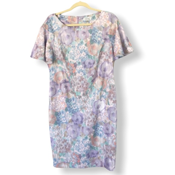 NWT - CALVIN KLEIN Pastel Colour Floral Dress with Scoop Neck and Flutter Sleeve - Picture 3 of 7